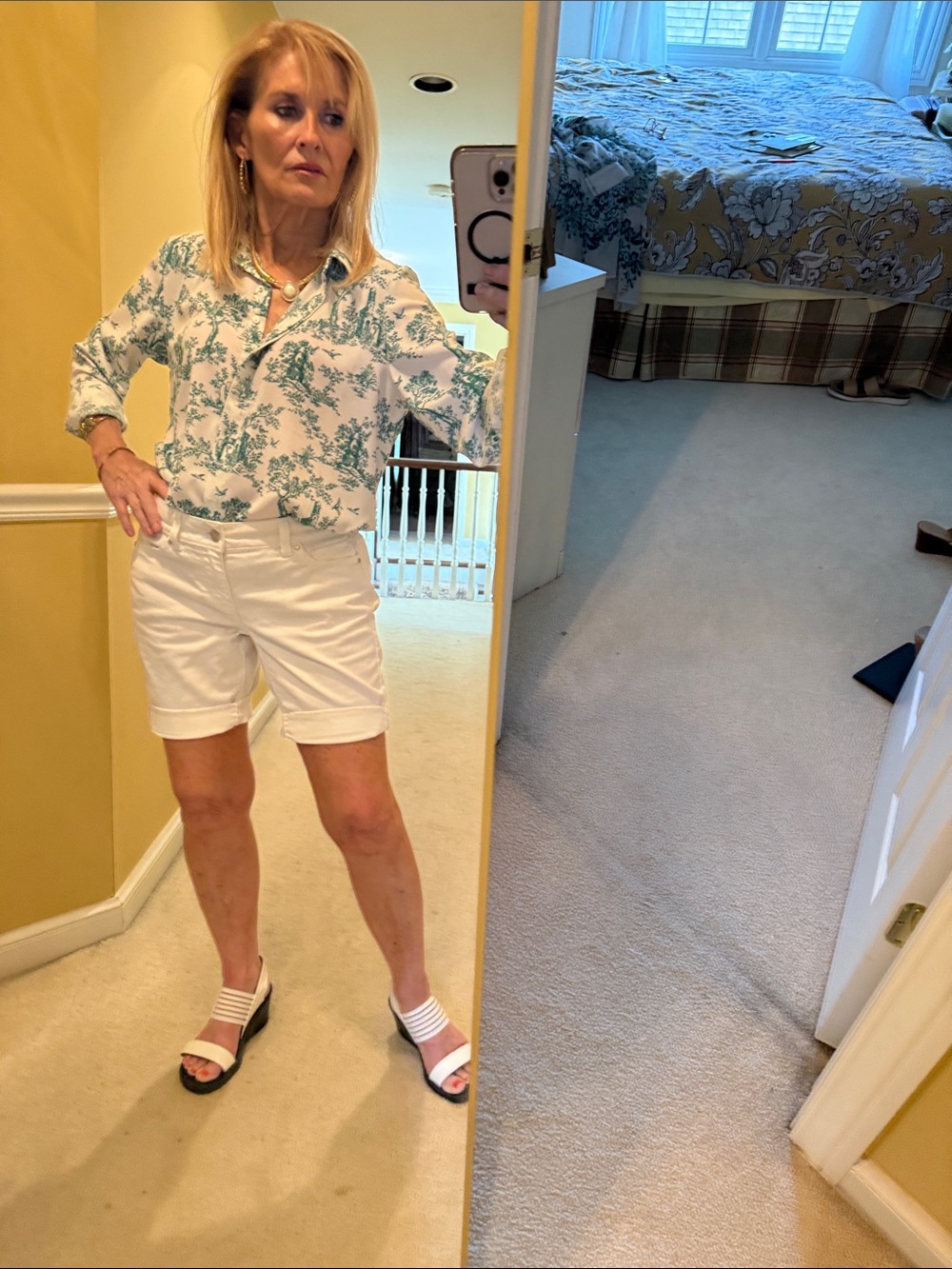 White and Teal Floral Button-Up Blouse